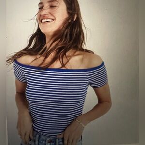 NWOT Madewell top off-shoulder ribbed knit striped brown caramel S preppy